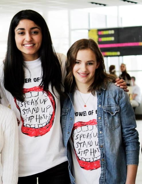 In high school, friends and Facing History students Monica Mahal (left) and Sarah Decker organized community events to raise awareness of bullying.
