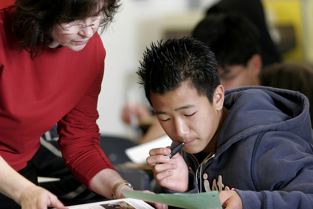 Facing History leaning in action classroom shot