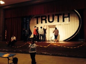 Students at Facing History New Tech High School in Cleveland help set up the Truth Booth on Thursday