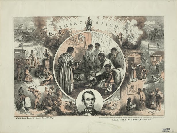 Thomas Nast's celebration of the emancipation of Southern slaves with the end of the Civil War. Wood engraving by Thomas Nast (1865), Library of Congress
