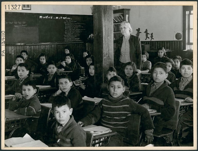 Cree students at their desks with their teacher in a classroom, All Saints Indian Residential School, Lac La Ronge, Saskatchewan, March 1945 (Credit: Bud Glunz / National Film Board of Canada. Photothèque / PA-134110)