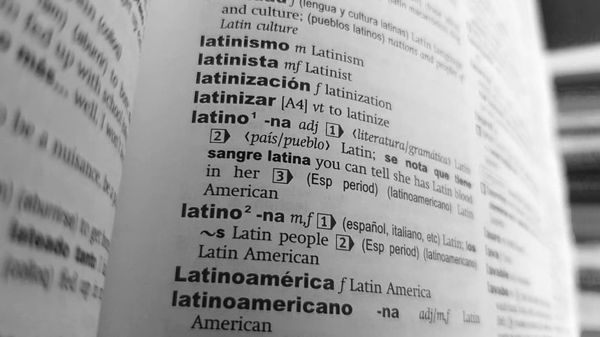 An image of the definition of "Latino" and other related terms in a dictionary.