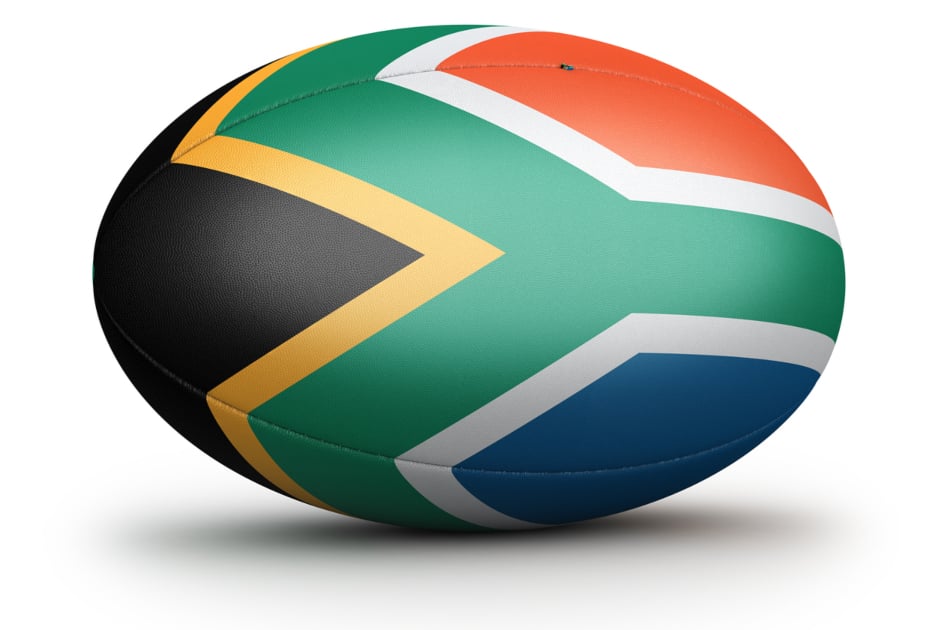 Rugby ball with South African flag displayed