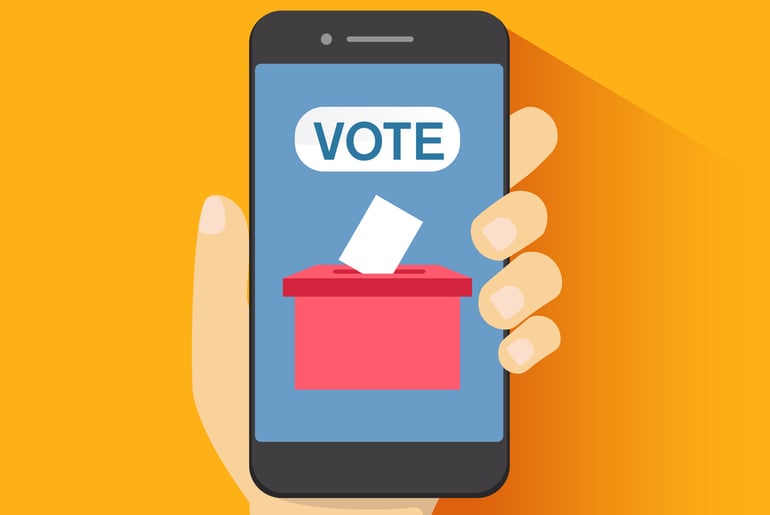 Smart phone displaying the word "vote" and a ballot box