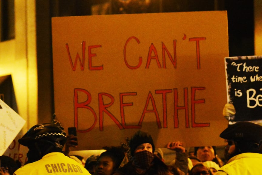 A sign reading "We Can't Breathe" from a protest in Chicago