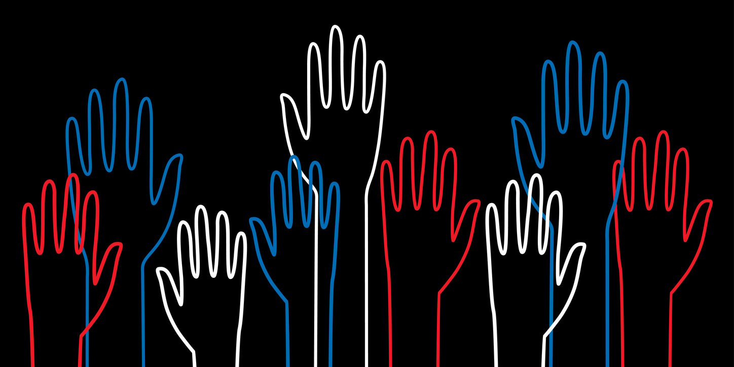 Red, white, and blue hands raised against a black backdrop