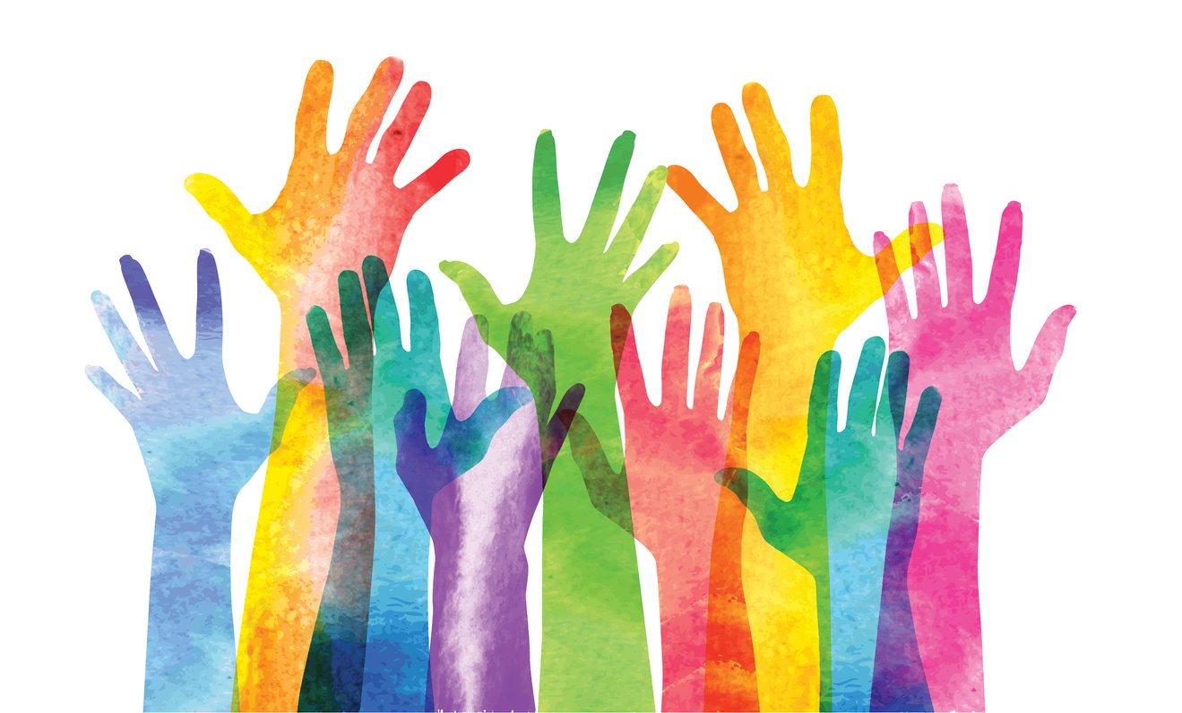 Raised hands and forearms of different colors